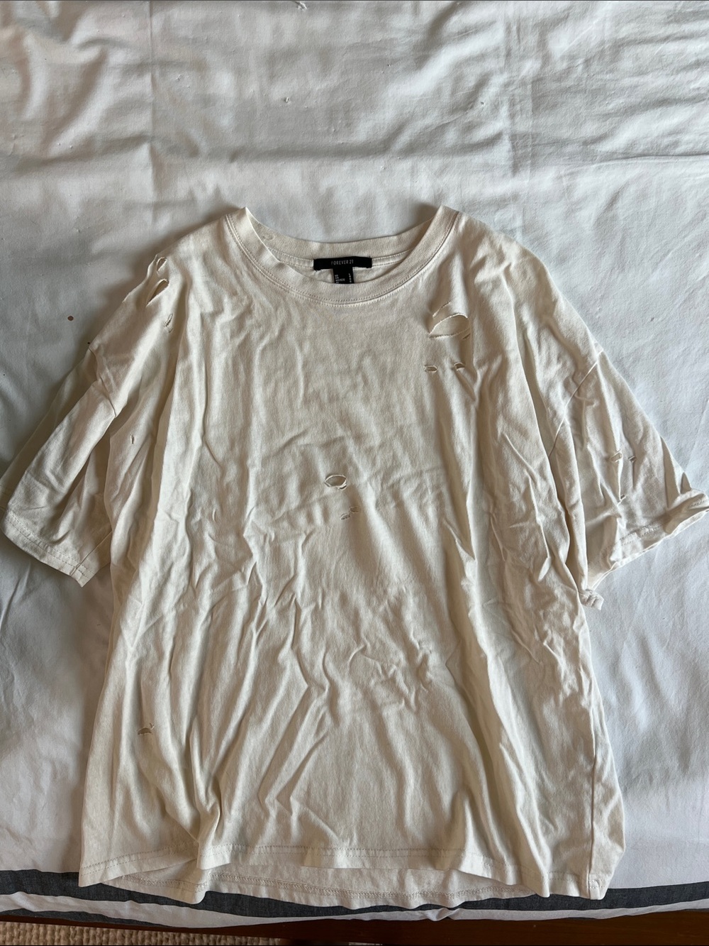 Forever 21 Distressed Short Sleeve Crew Tee - Cream